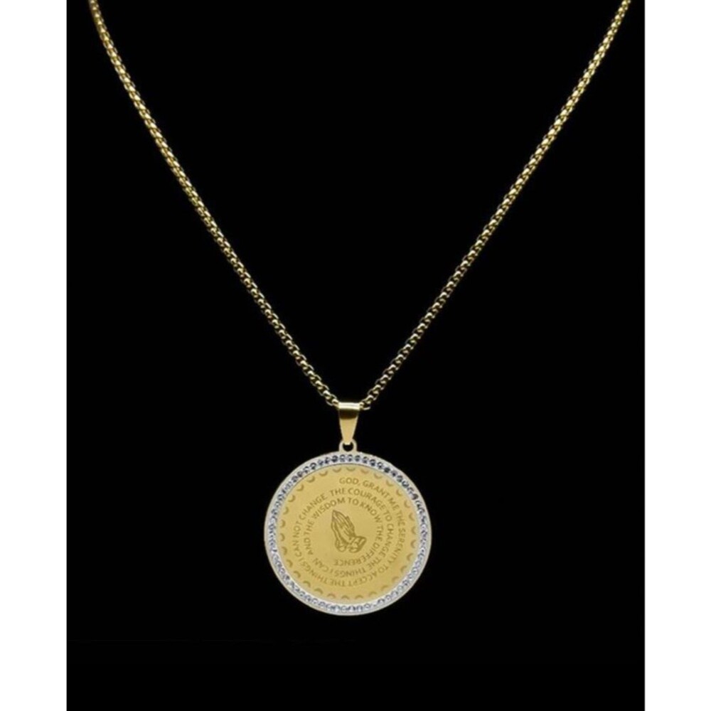 Stainless Steel Praying Hands Coin Medal Pendant Bible Verse Prayer Necklace 24"